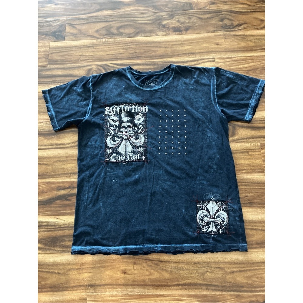 Affliction Shirt Mens 3XL Navy Blue Live & Fast Skull Graphic Tee Fast Ship